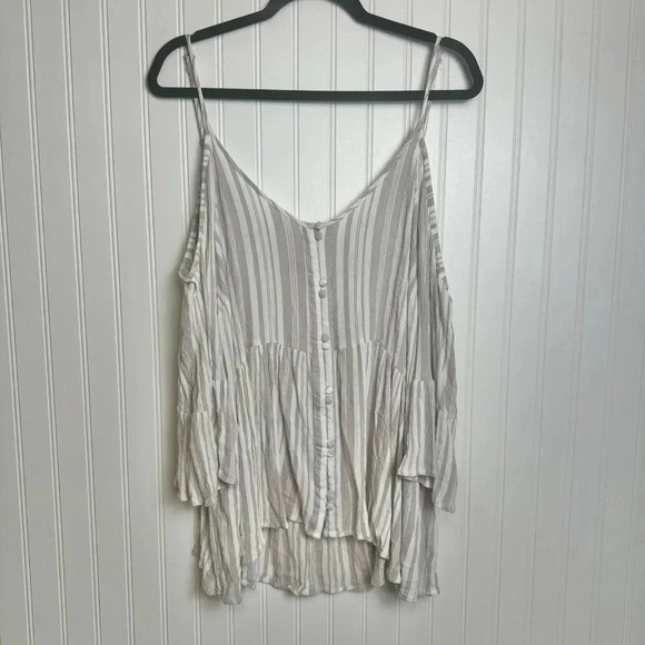 Torrid Stripe Cold Shoulder Blouse Button Front, Ruffle Sleeve 3X E9 - Picture 2 of 7
